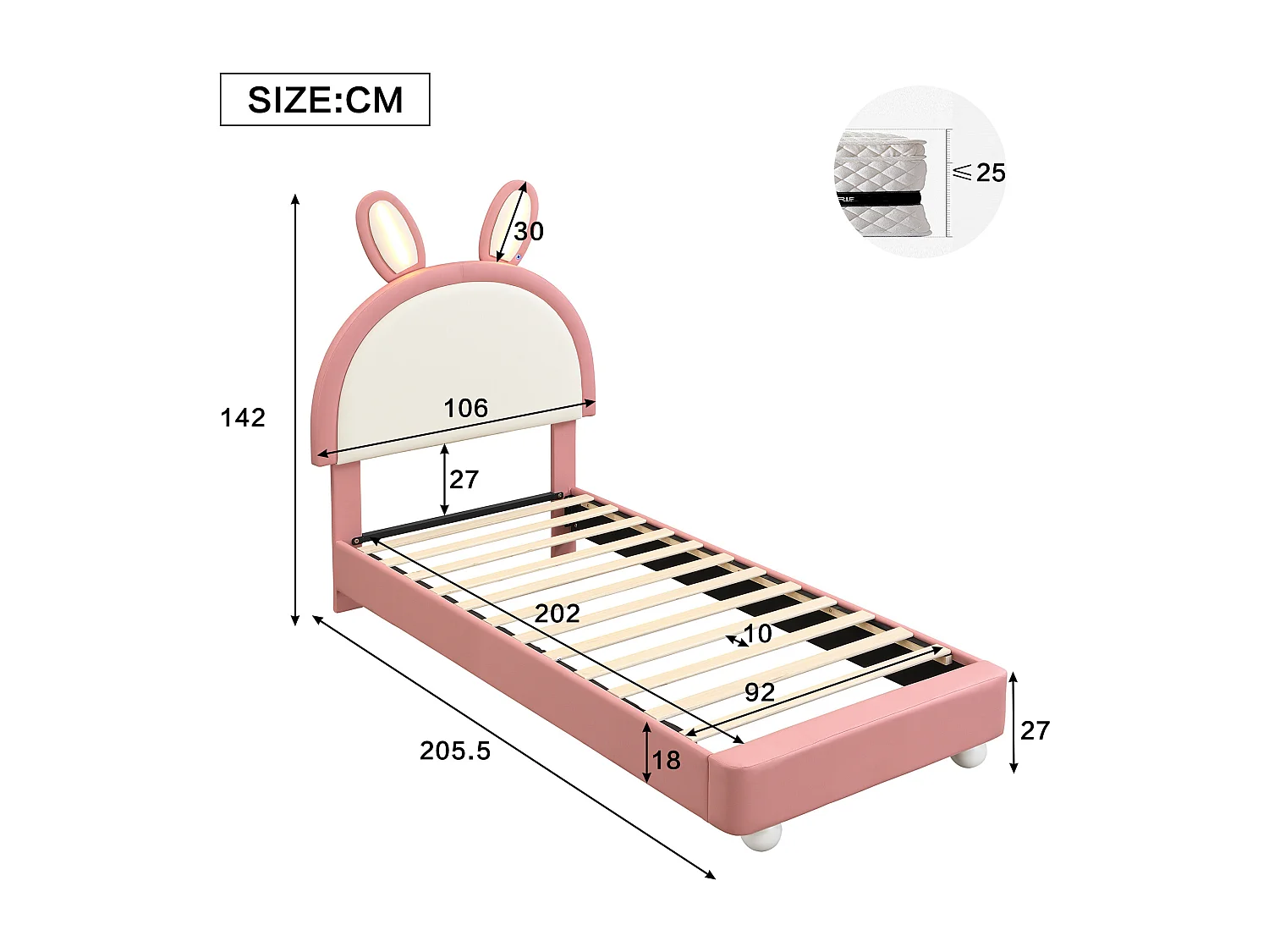 Lit pour enfant rembourré 90x200 cm - tête de lit en forme de lapin - avec lumière LED - PU + contreplaqué - Rose (sans matelas)