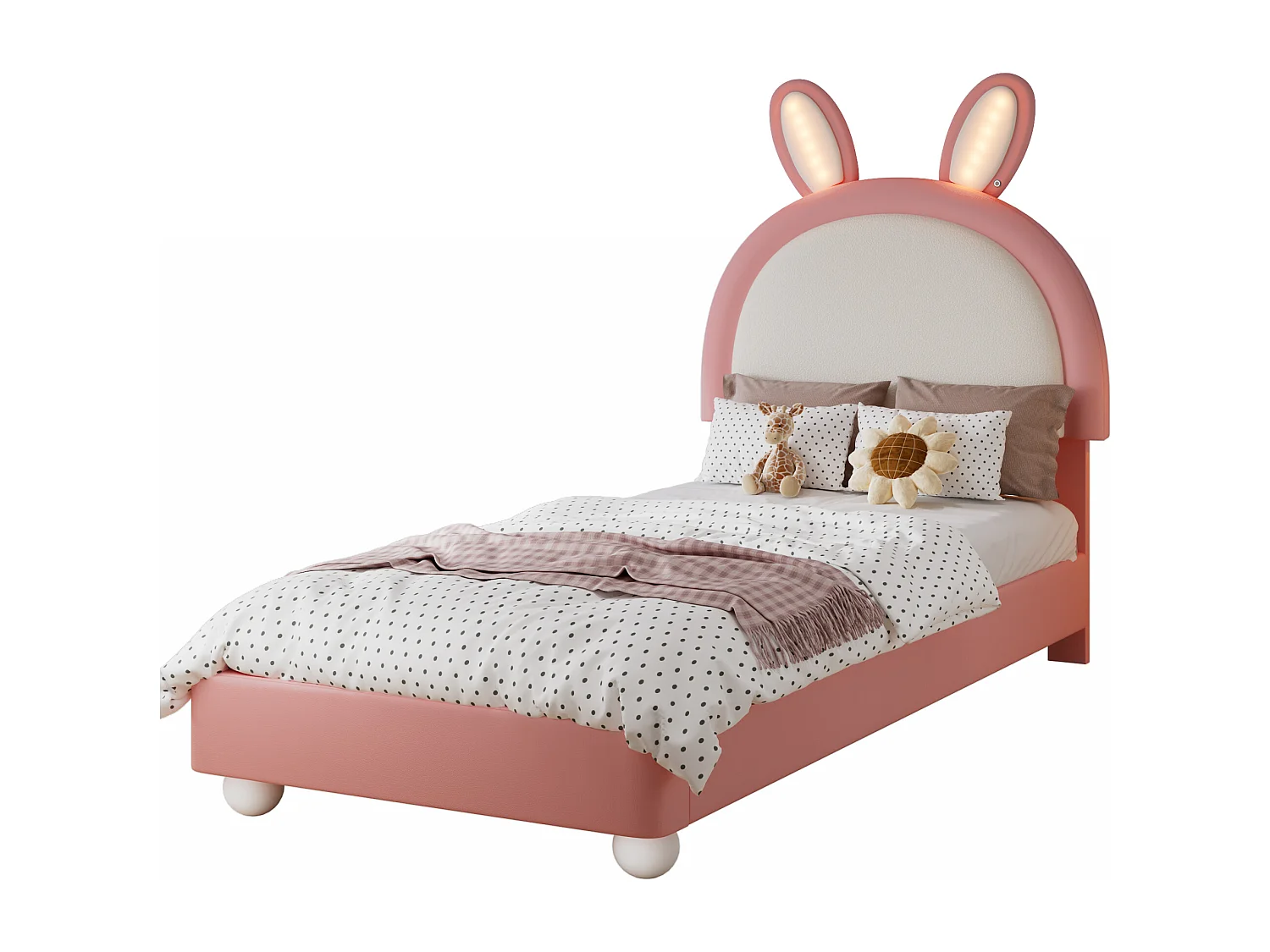 Lit pour enfant rembourré 90x200 cm - tête de lit en forme de lapin - avec lumière LED - PU + contreplaqué - Rose (sans matelas)