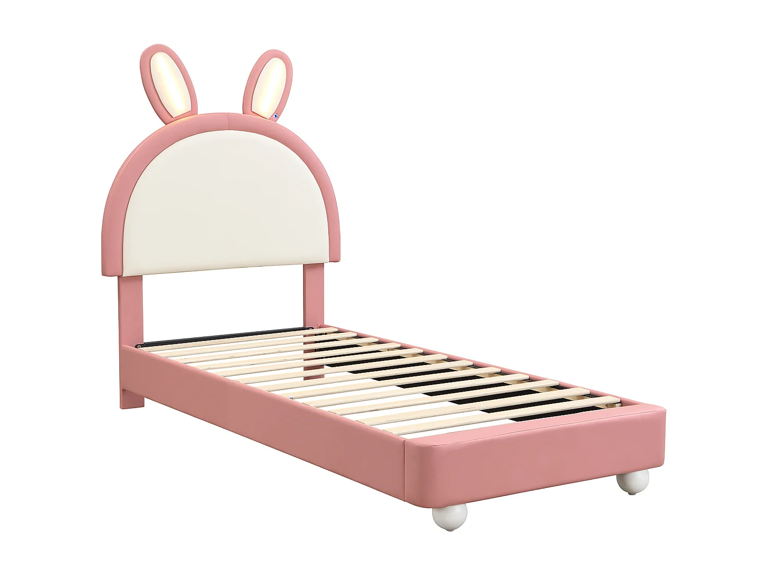 Lit pour enfant rembourré 90x200 cm - tête de lit en forme de lapin - avec lumière LED - PU + contreplaqué - Rose (sans matelas)