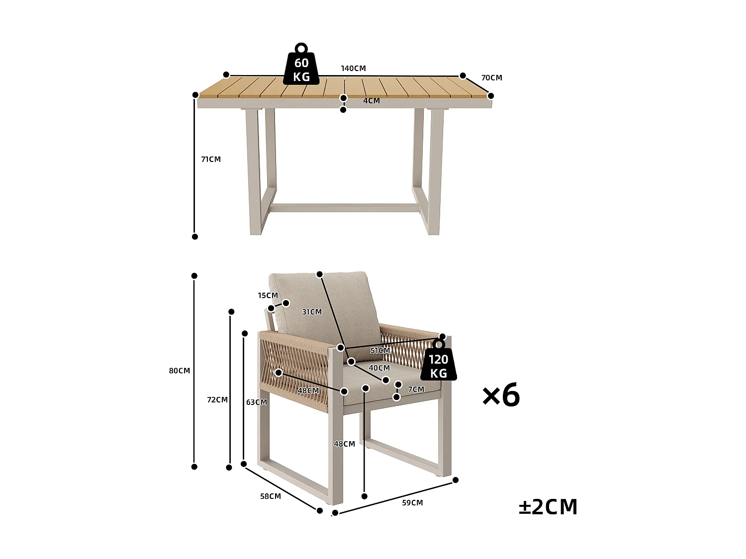 Garten-Esszimmer-Set 7-teilig - Tisch 140cm Platte in Holzoptik und 6 Stühle aus Geflochtener Kordel mit Kissen - Wetterbeständiges Aluminium - Beige und Hellgrau