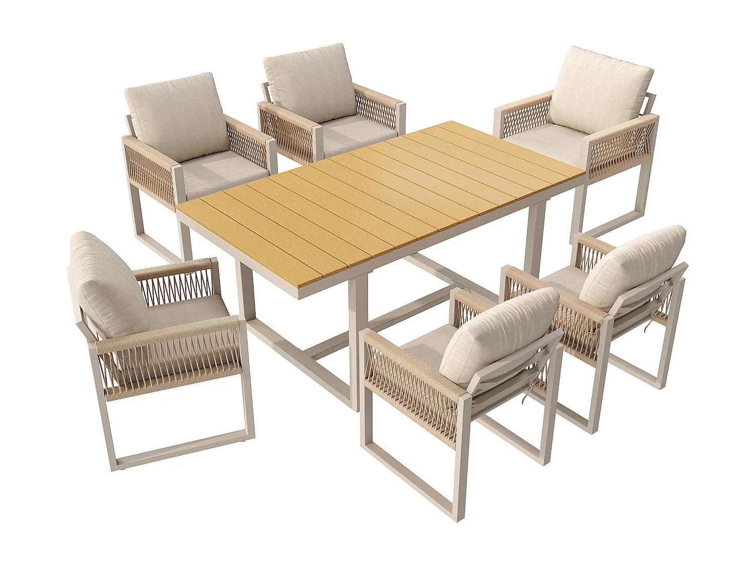 Garten-Esszimmer-Set 7-teilig - Tisch 140cm Platte in Holzoptik und 6 Stühle aus Geflochtener Kordel mit Kissen - Wetterbeständiges Aluminium - Beige und Hellgrau