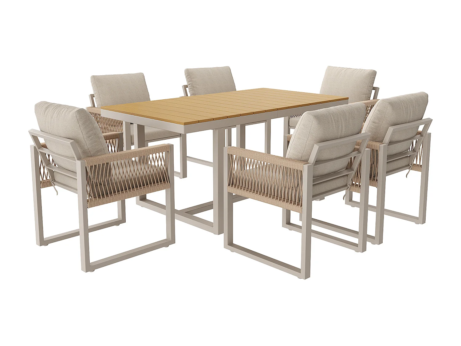 Garten-Esszimmer-Set 7-teilig - Tisch 140cm Platte in Holzoptik und 6 Stühle aus Geflochtener Kordel mit Kissen - Wetterbeständiges Aluminium - Beige und Hellgrau