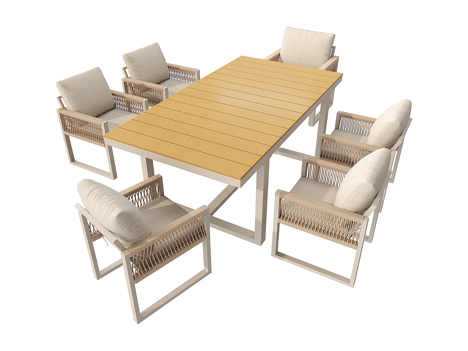 Garten-Esszimmer-Set 7-teilig - Tisch 140cm Platte in Holzoptik und 6 Stühle aus Geflochtener Kordel mit Kissen - Wetterbeständiges Aluminium - Beige und Hellgrau