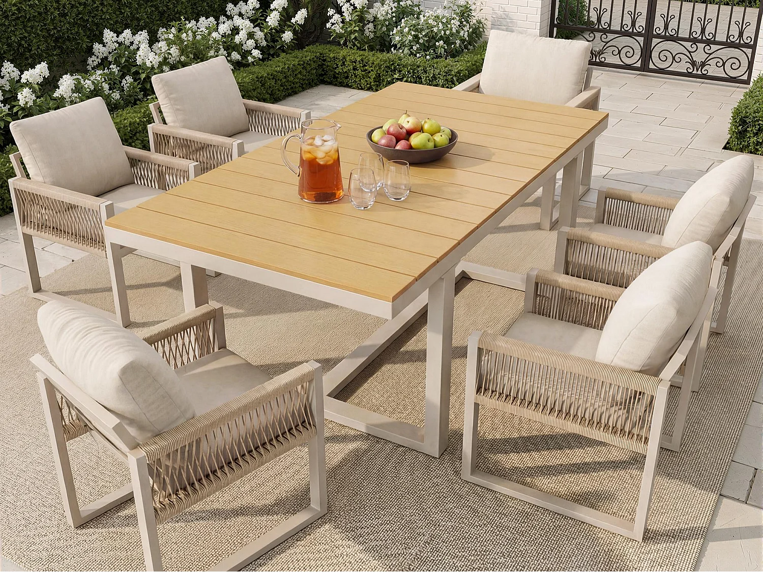Salon de Jardin Repas 7 Pièces - Table 140cm Plateau Effet Bois et 6 Chaises en Corde Tressée avec Coussins - Aluminium Résistant - Beige et Gris Clair
