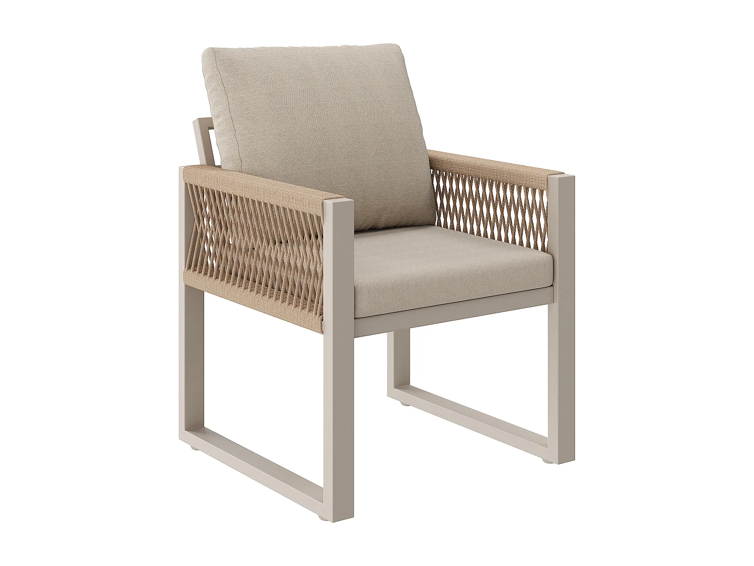 Salon de Jardin Repas 7 Pièces - Table 140cm Plateau Effet Bois et 6 Chaises en Corde Tressée avec Coussins - Aluminium Résistant - Beige et Gris Clair