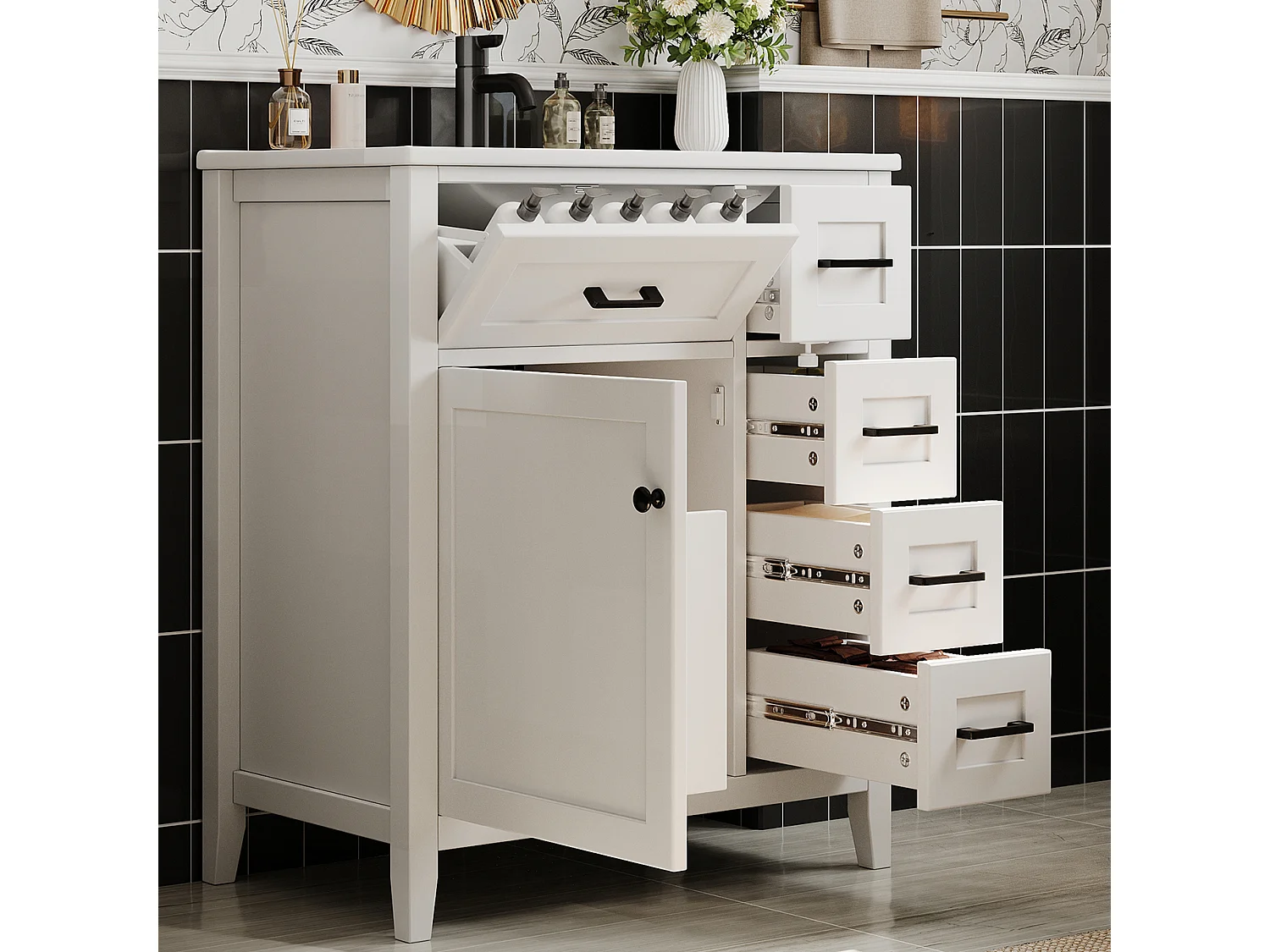 Meuble de salle de bain sur pied 76x46x90 cm - Vasque céramique intégrée - 5 tiroirs et 1 porte - Finition laquée - MDF - Blanc