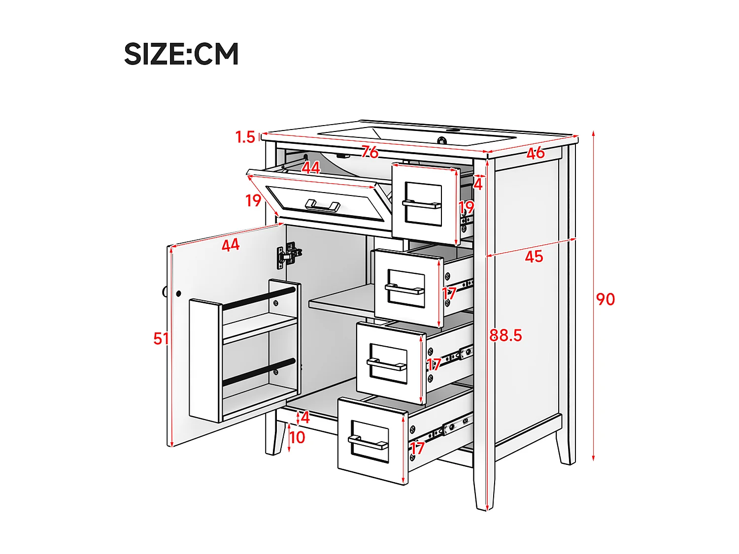Meuble de salle de bain sur pied 76x46x90 cm - Vasque céramique intégrée - 5 tiroirs et 1 porte - Finition laquée - MDF - Blanc