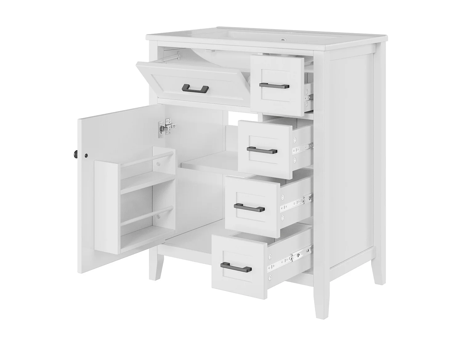 Meuble de salle de bain sur pied 76x46x90 cm - Vasque céramique intégrée - 5 tiroirs et 1 porte - Finition laquée - MDF - Blanc