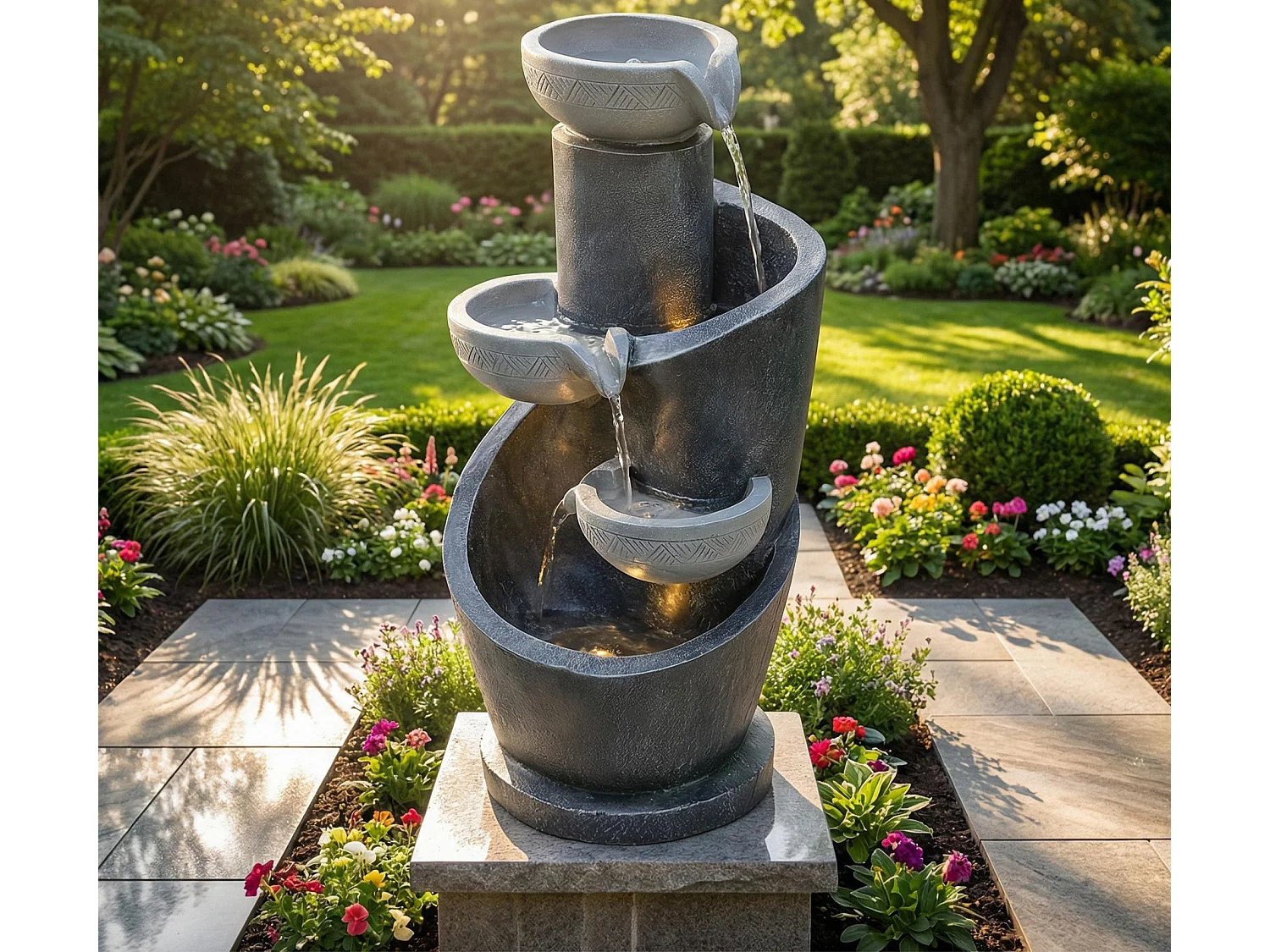 Fontaine de Jardin Design Cascade à 3 Bassins avec Éclairage LED - Décoration d'Extérieur et d'Intérieur Aspect Pierre - Pompe Incluse - Gris Anthracite