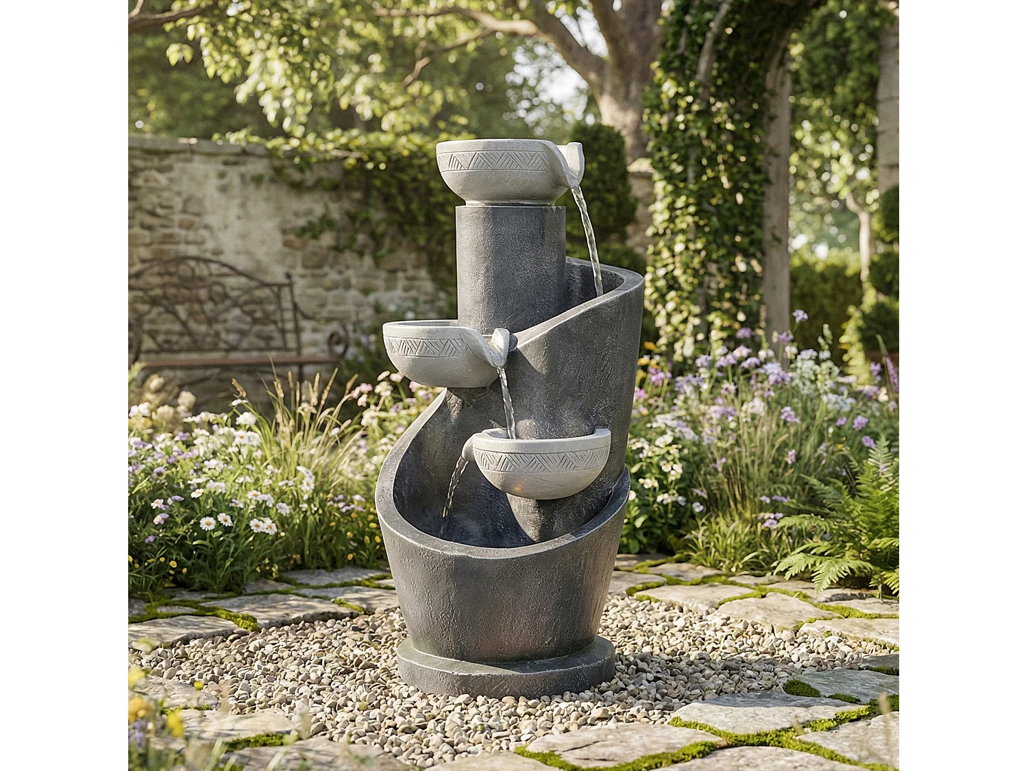 Fontaine de Jardin Design Cascade à 3 Bassins avec Éclairage LED - Décoration d'Extérieur et d'Intérieur Aspect Pierre - Pompe Incluse - Gris Anthracite