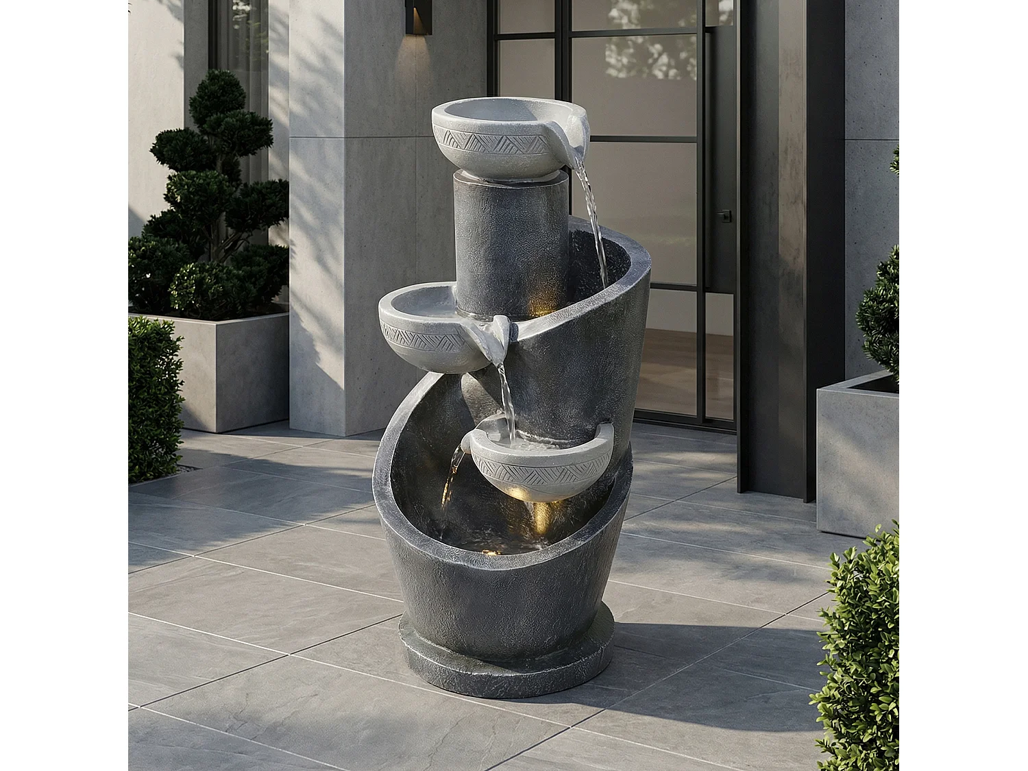 Fontaine de Jardin Design Cascade à 3 Bassins avec Éclairage LED - Décoration d'Extérieur et d'Intérieur Aspect Pierre - Pompe Incluse - Gris Anthracite