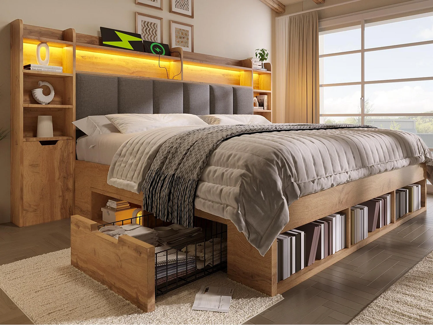 Lit adulte 180×200cm - avec éclairage LED + ports USB et Type-C - tête de lit rembourrée - avec espace de rangement - Naturel (sans matelas)