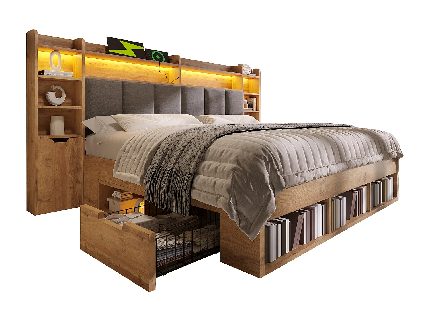 Lit adulte 180×200cm - avec éclairage LED + ports USB et Type-C - tête de lit rembourrée - avec espace de rangement - Naturel (sans matelas)