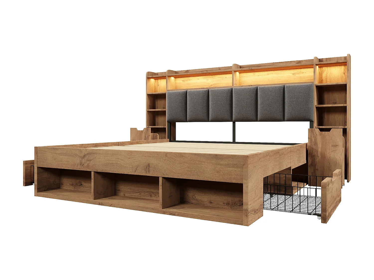 Lit adulte 180×200cm - avec éclairage LED + ports USB et Type-C - tête de lit rembourrée - avec espace de rangement - Naturel (sans matelas)