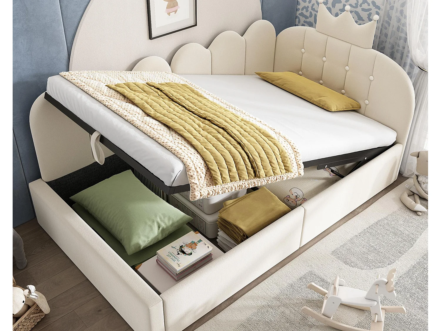 Canapé-lit coffre 90x200 cm - avec rangement - velours - comporte une décoration en forme de couronne - Beige(sans matelas)