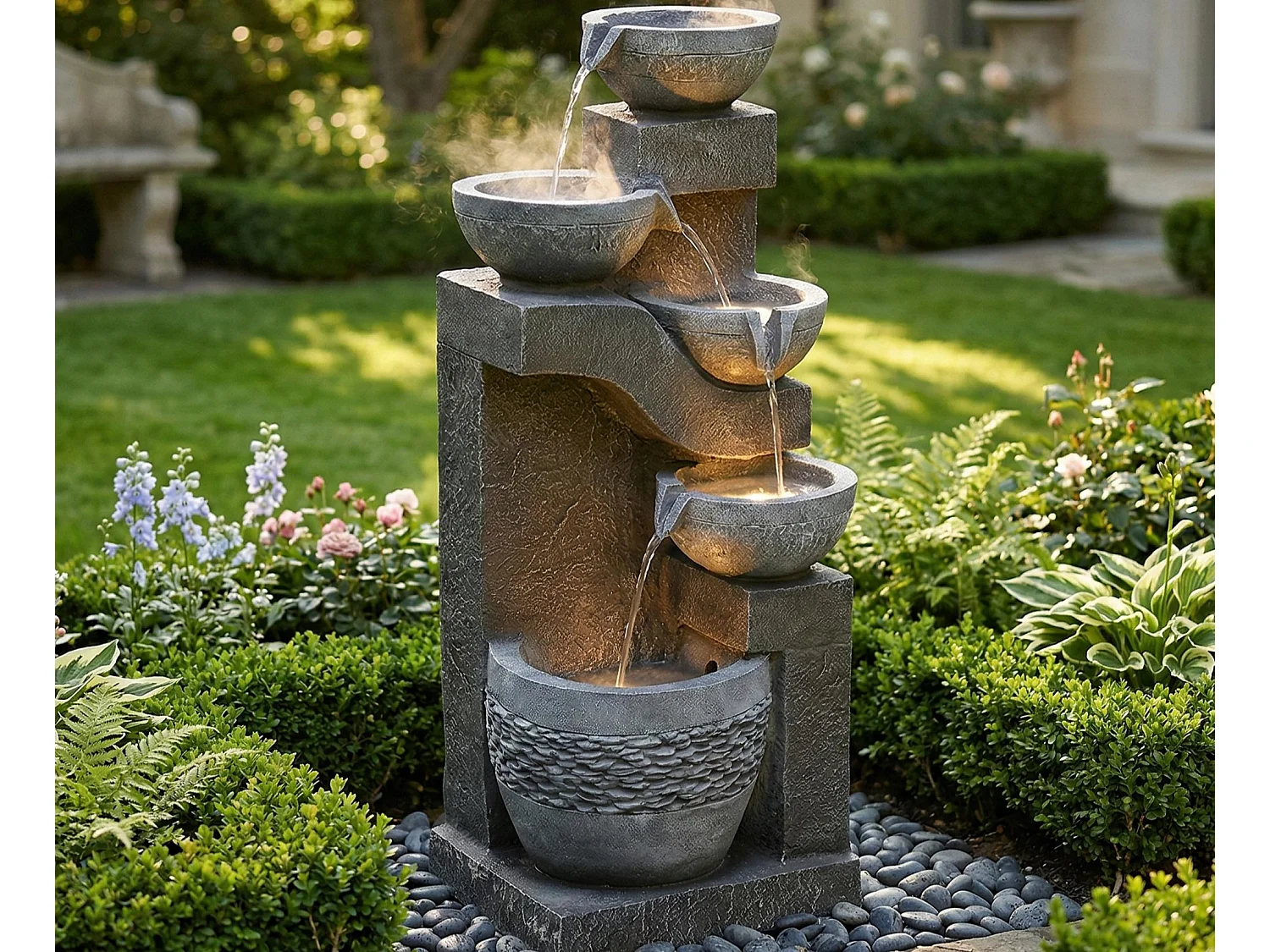 Fontaine de Jardin Cascade LED à 5 Niveaux - Design Moderne en Résine de Fibre de Verre Aspect Pierre - Pompe Incluse - Décoration Extérieur - Gris