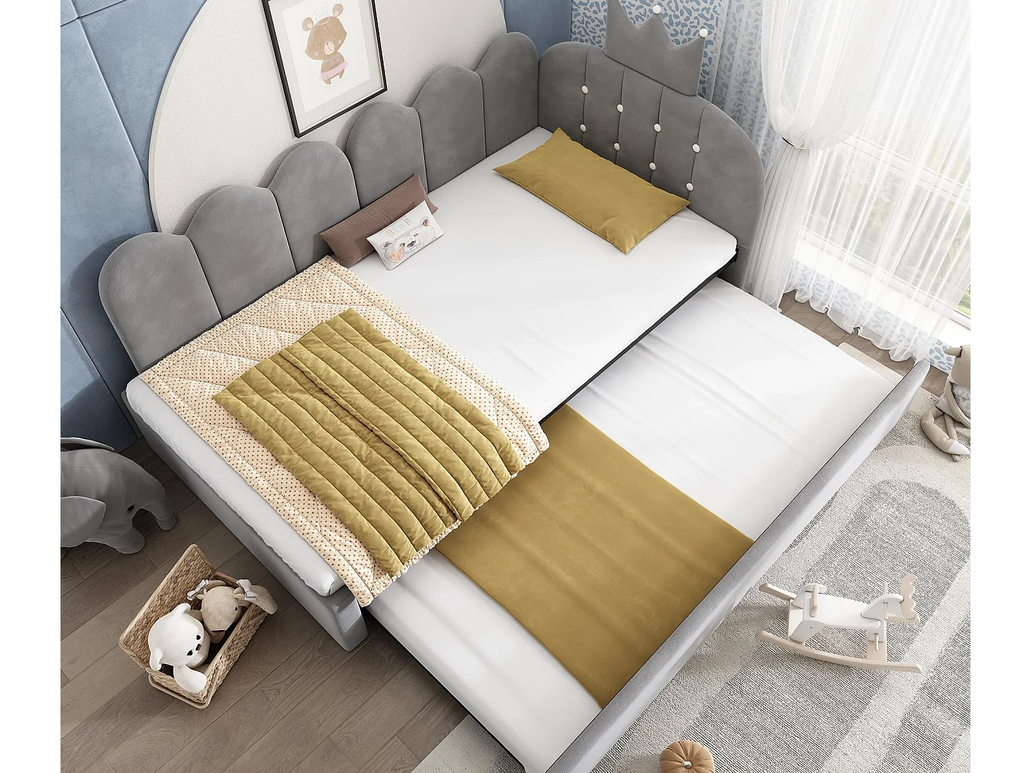 Canapé-lit 90x200 cm - avec lit gigogne 90x190 cm - comporte une décoration en forme de couronne - Velours - Gris (sans matelas)