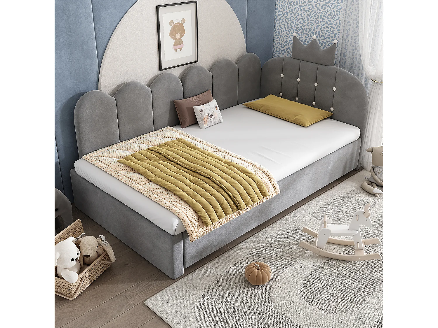 Canapé-lit 90x200 cm - avec lit gigogne 90x190 cm - comporte une décoration en forme de couronne - Velours - Gris (sans matelas)