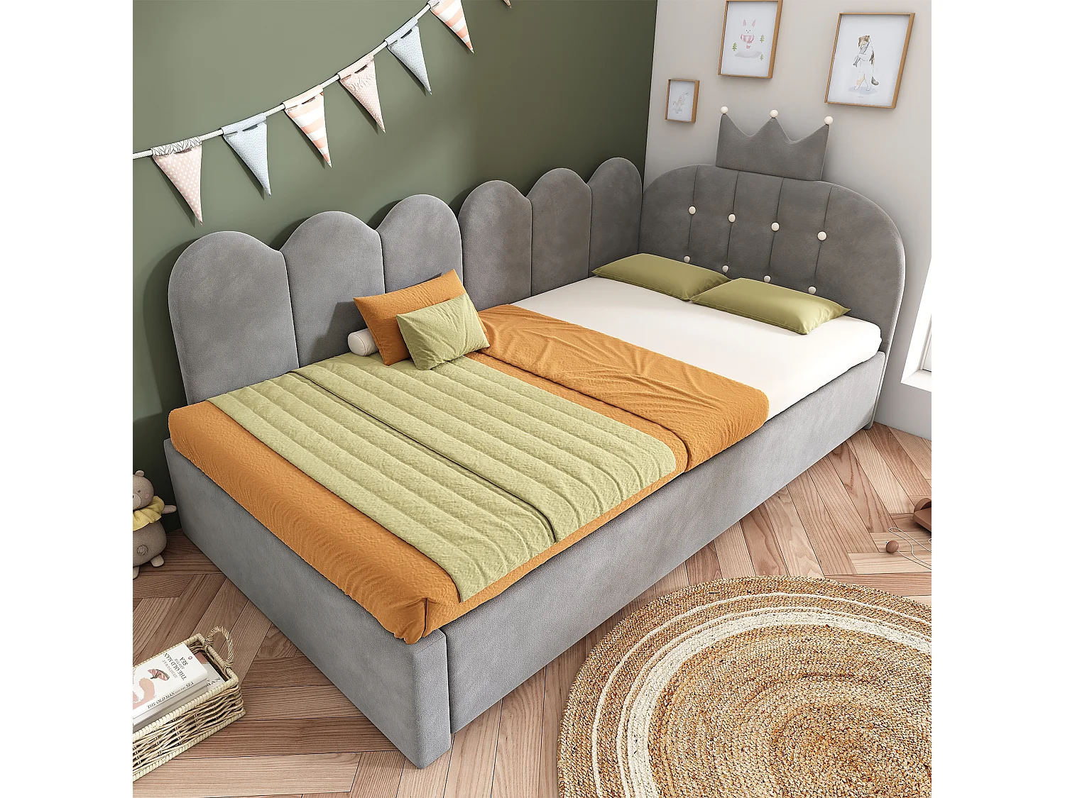 Canapé-lit 90x200 cm - avec lit gigogne 90x190 cm - comporte une décoration en forme de couronne - Velours - Gris (sans matelas)