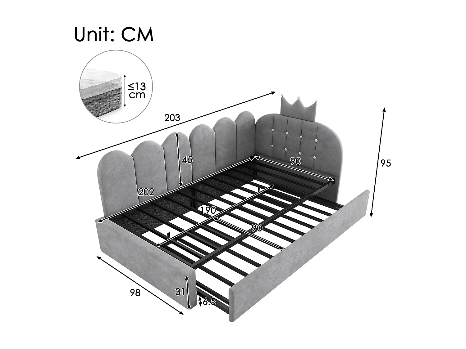 Canapé-lit 90x200 cm - avec lit gigogne 90x190 cm - comporte une décoration en forme de couronne - Velours - Gris (sans matelas)