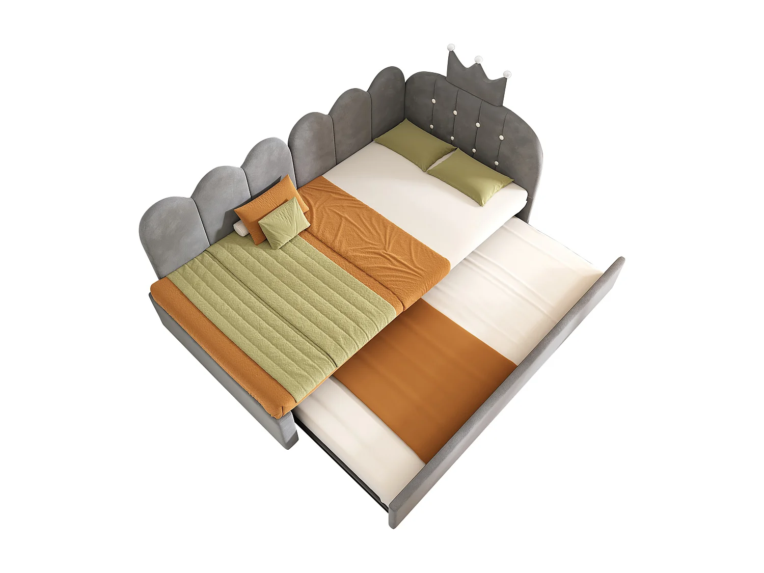 Canapé-lit 90x200 cm - avec lit gigogne 90x190 cm - comporte une décoration en forme de couronne - Velours - Gris (sans matelas)