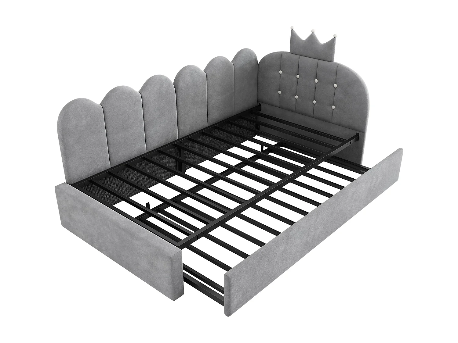 Canapé-lit 90x200 cm - avec lit gigogne 90x190 cm - comporte une décoration en forme de couronne - Velours - Gris (sans matelas)