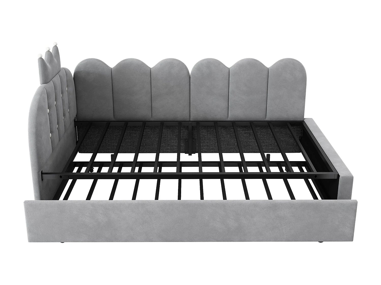 Canapé-lit 90x200 cm - avec lit gigogne 90x190 cm - comporte une décoration en forme de couronne - Velours - Gris (sans matelas)