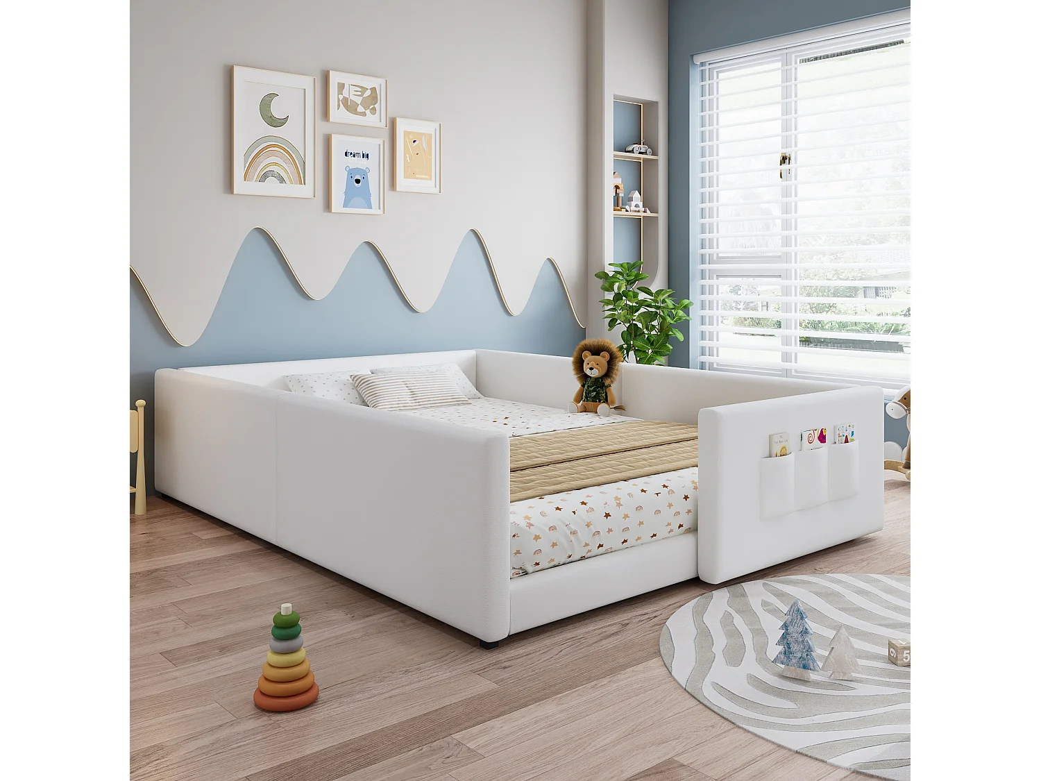 Lit pour enfant rembourré 140x200 cm - avec 3 sacs de rangement - style minimaliste moderne - PU + contreplaqué - Blanc (sans matelas)