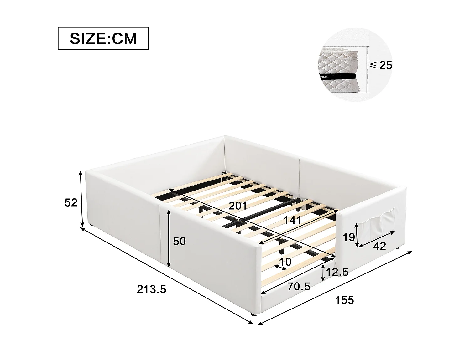 Lit pour enfant rembourré 140x200 cm - avec 3 sacs de rangement - style minimaliste moderne - PU + contreplaqué - Blanc (sans matelas)