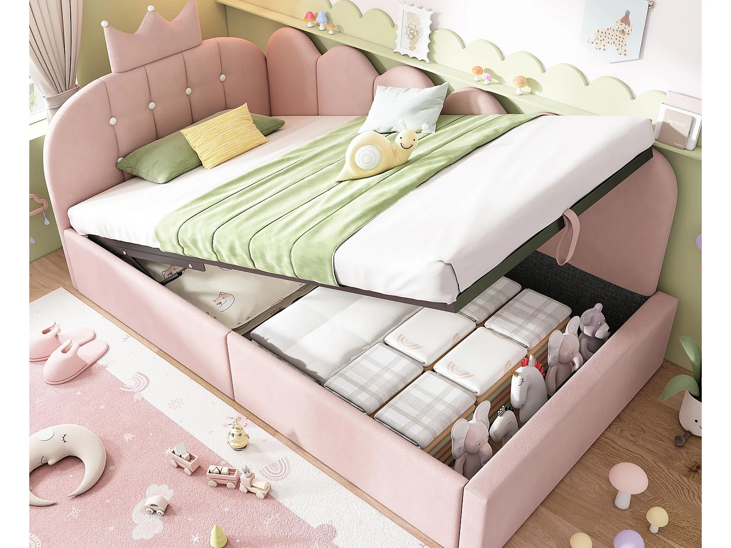 Canapé-lit coffre 90x190 cm - avec rangement - velours - comporte une décoration en forme de couronne - Rose(sans matelas)