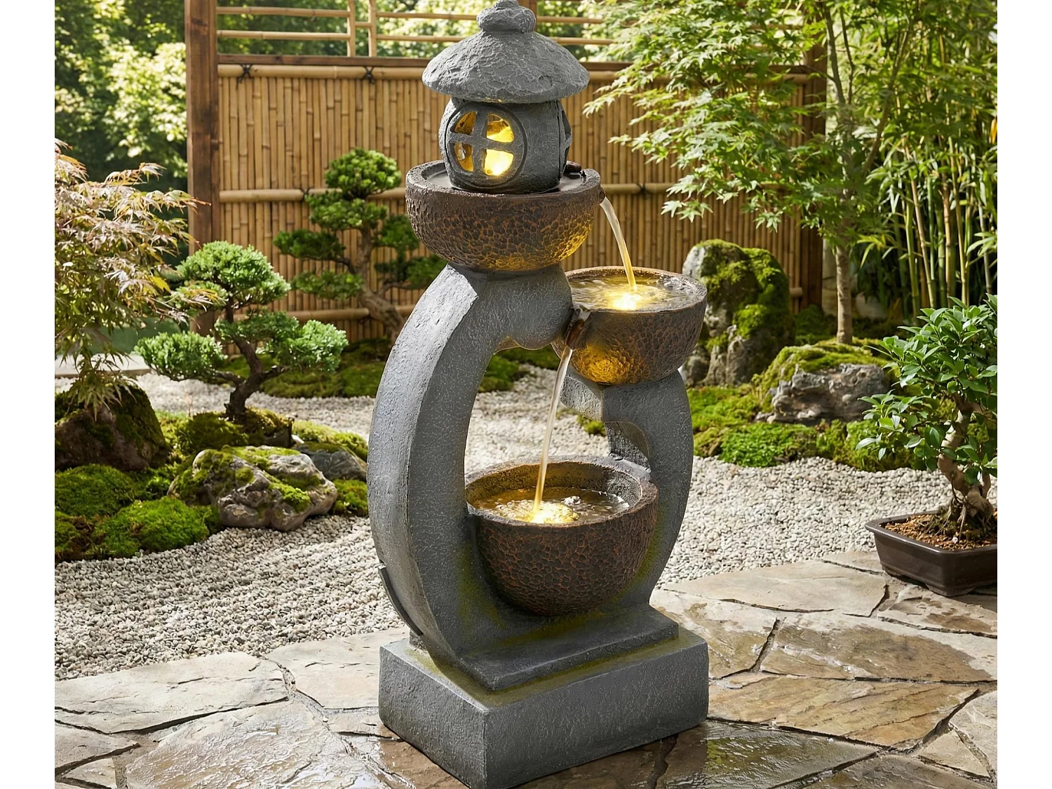 Grande Fontaine de Jardin Zen Style Japonais avec LED - Cascade d'Extérieur Design Lanterne et Mousse en Résine - 95cm - Havre de Paix - Gris Roche