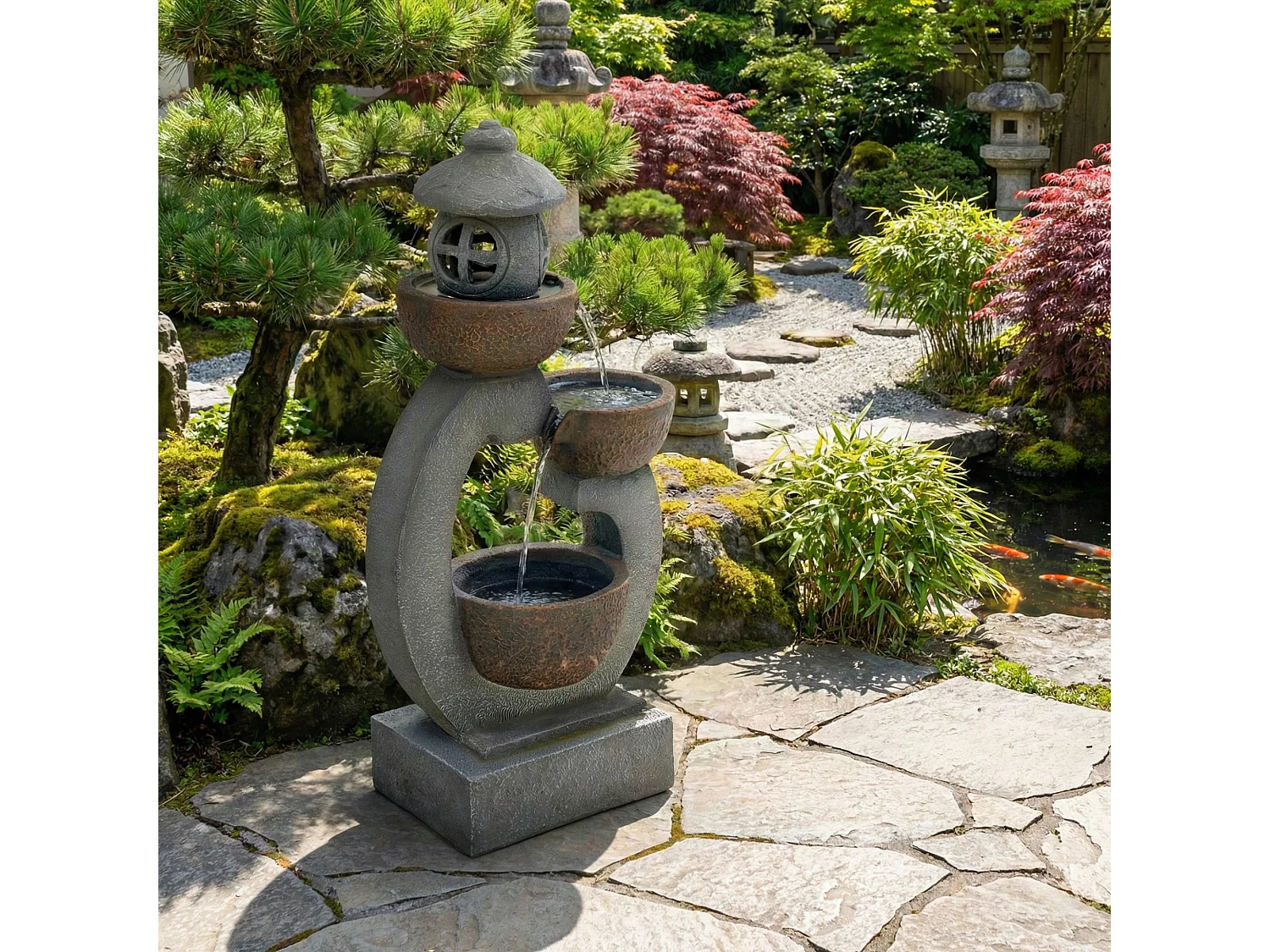 Grande Fontaine de Jardin Zen Style Japonais avec LED - Cascade d'Extérieur Design Lanterne et Mousse en Résine - 95cm - Havre de Paix - Gris Roche