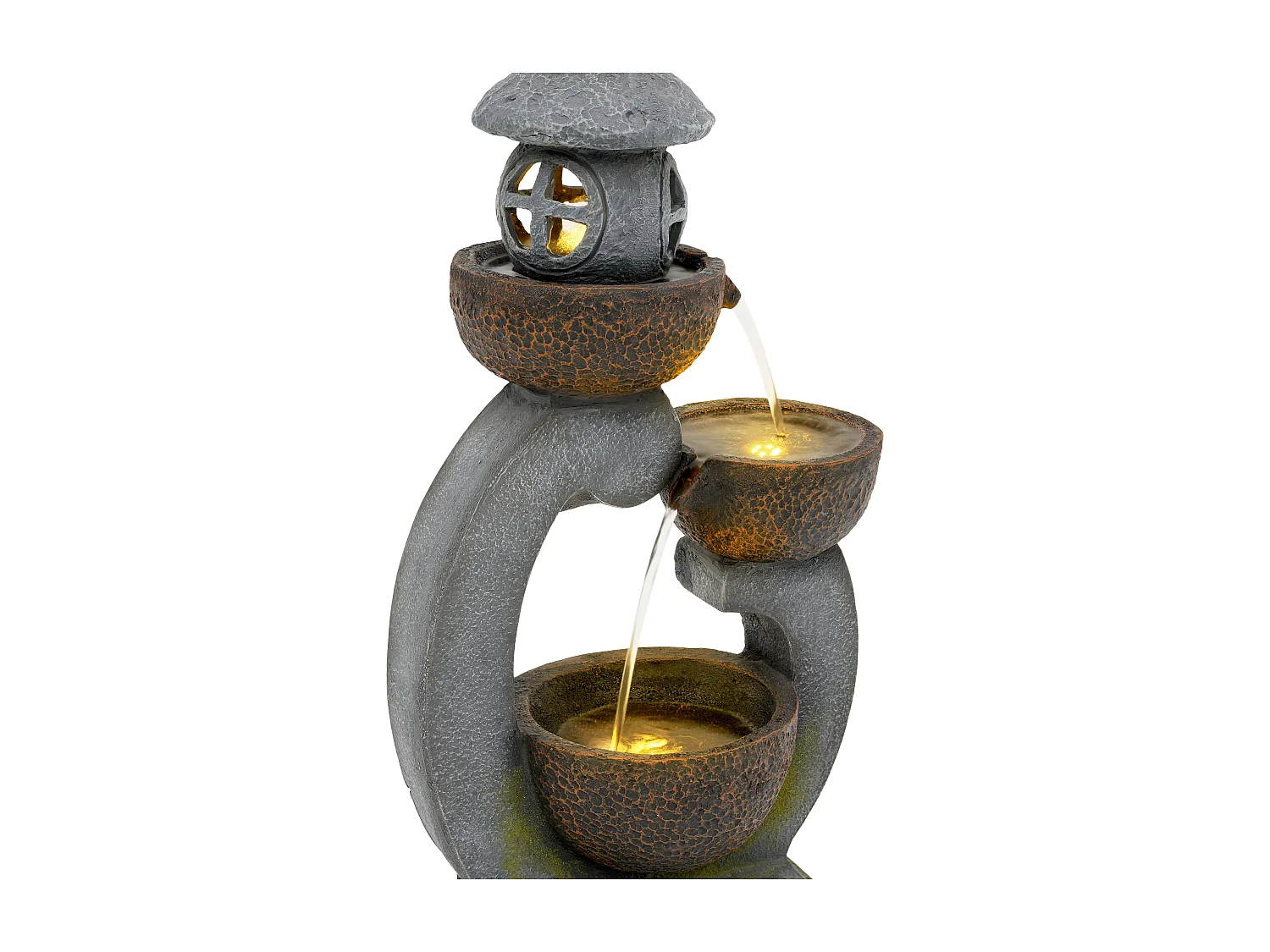 Grande Fontaine de Jardin Zen Style Japonais avec LED - Cascade d'Extérieur Design Lanterne et Mousse en Résine - 95cm - Havre de Paix - Gris Roche