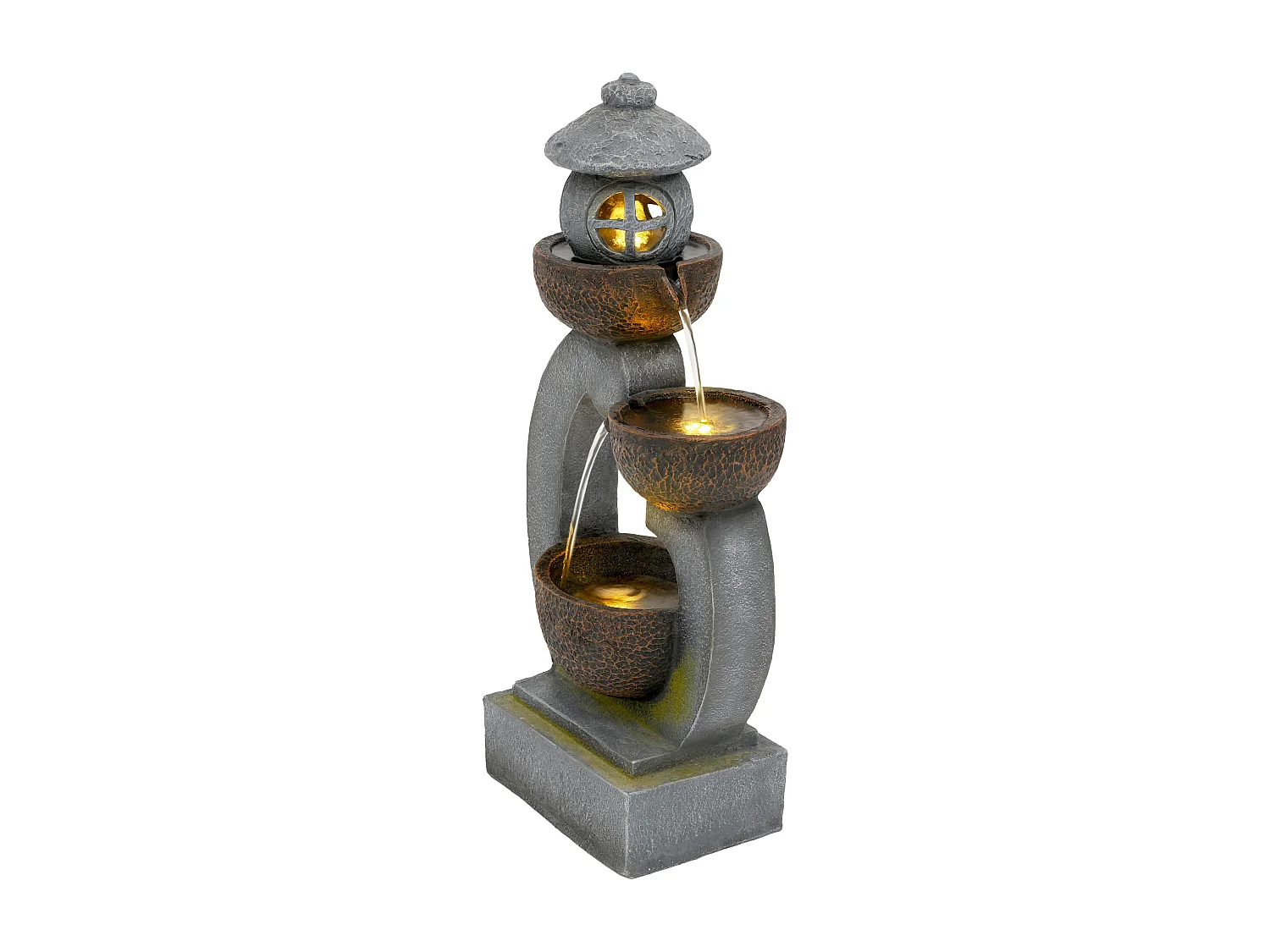 Grande Fontaine de Jardin Zen Style Japonais avec LED - Cascade d'Extérieur Design Lanterne et Mousse en Résine - 95cm - Havre de Paix - Gris Roche