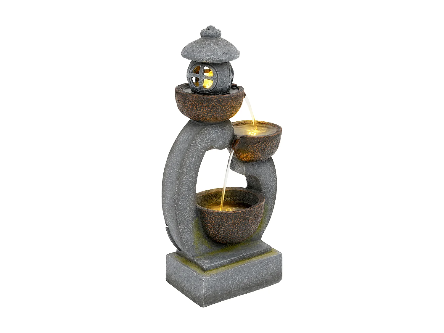 Grande Fontaine de Jardin Zen Style Japonais avec LED - Cascade d'Extérieur Design Lanterne et Mousse en Résine - 95cm - Havre de Paix - Gris Roche