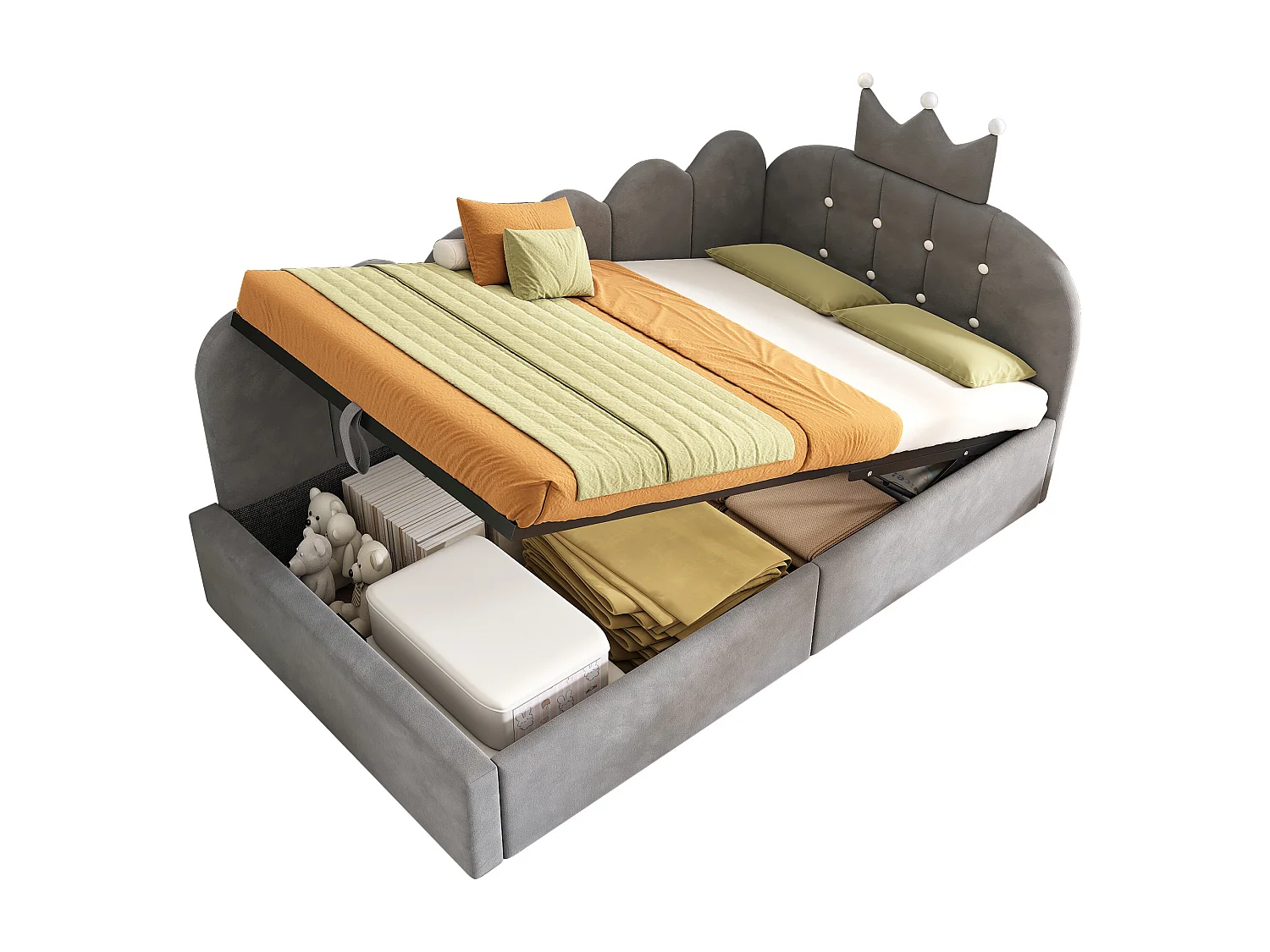 Canapé-lit coffre 90x190 cm - avec rangement - velours - comporte une décoration en forme de couronne - Gris(sans matelas)