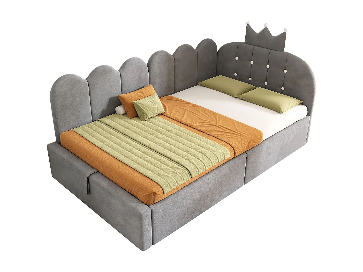 Canapé-lit coffre 90x190 cm - avec rangement - velours - comporte une décoration en forme de couronne - Gris(sans matelas)