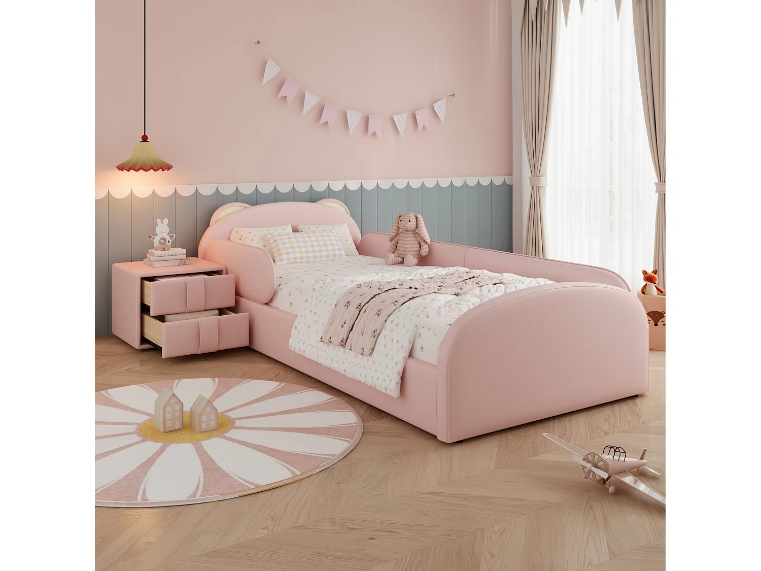 Lit pour enfant rembourré 90x200 cm - tête de lit en forme d'ours - avec table de chevet - Velours + contreplaqué - Rose (sans matelas)