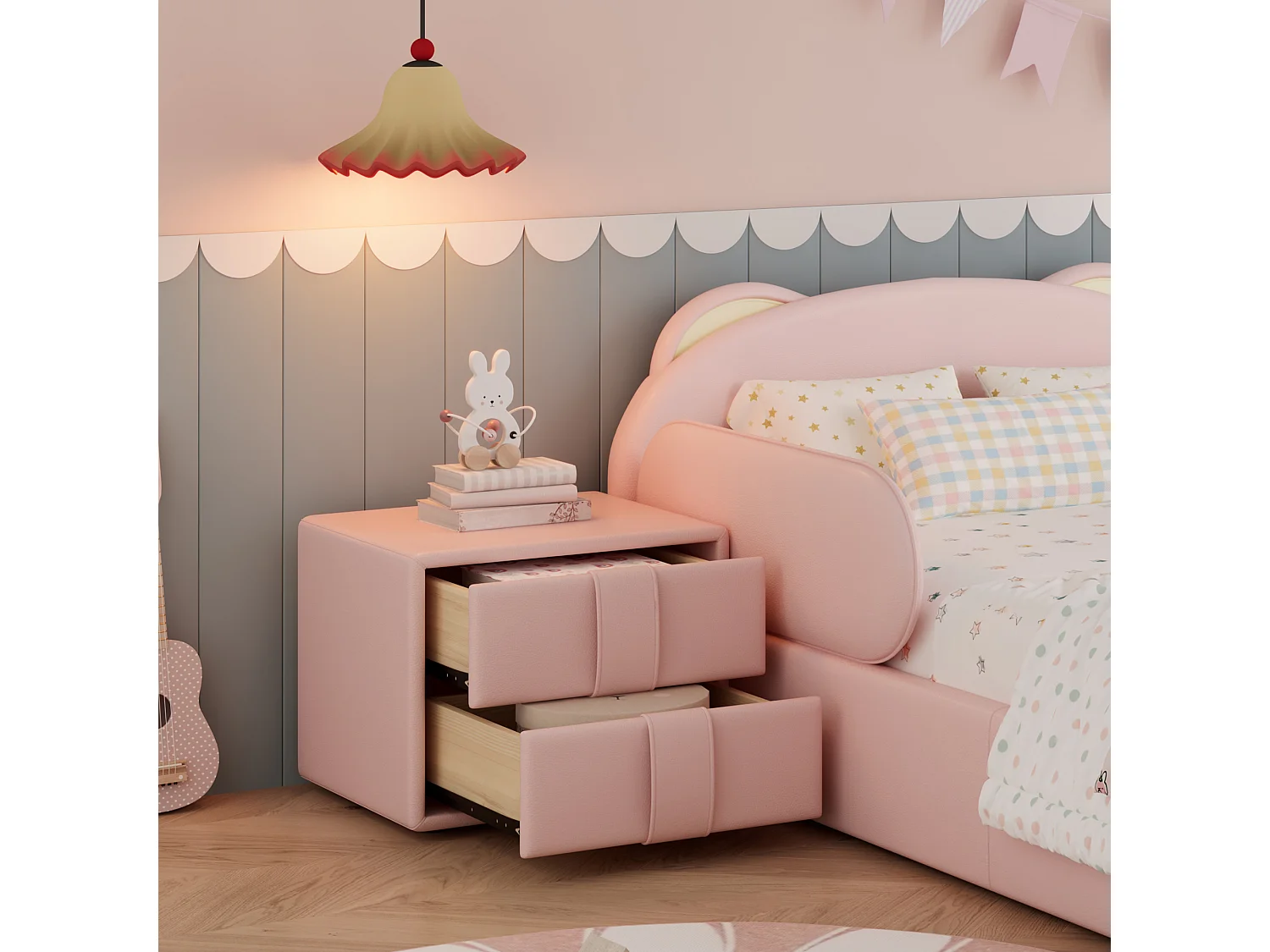 Lit pour enfant rembourré 90x200 cm - tête de lit en forme d'ours - avec table de chevet - Velours + contreplaqué - Rose (sans matelas)