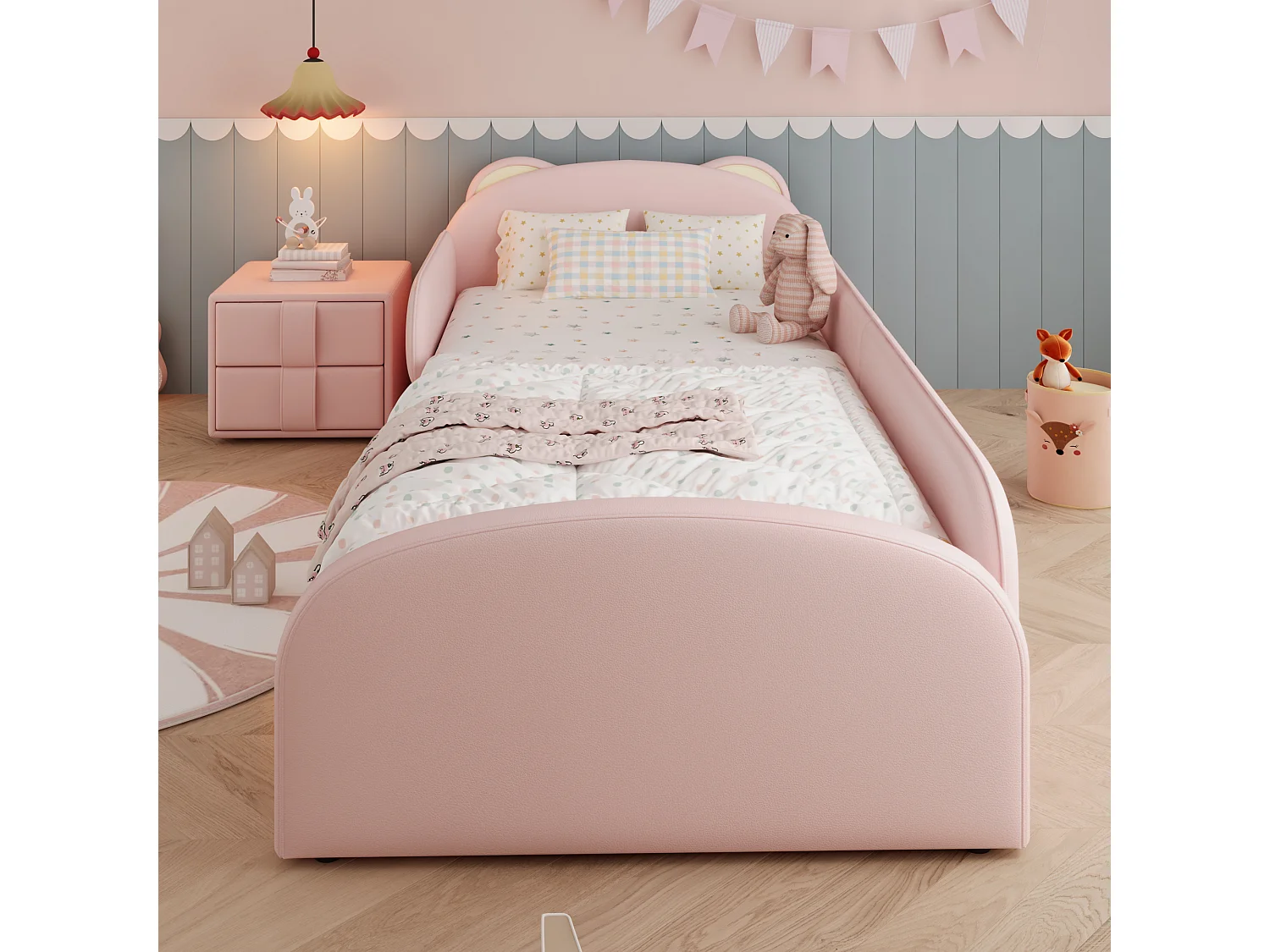 Lit pour enfant rembourré 90x200 cm - tête de lit en forme d'ours - avec table de chevet - Velours + contreplaqué - Rose (sans matelas)