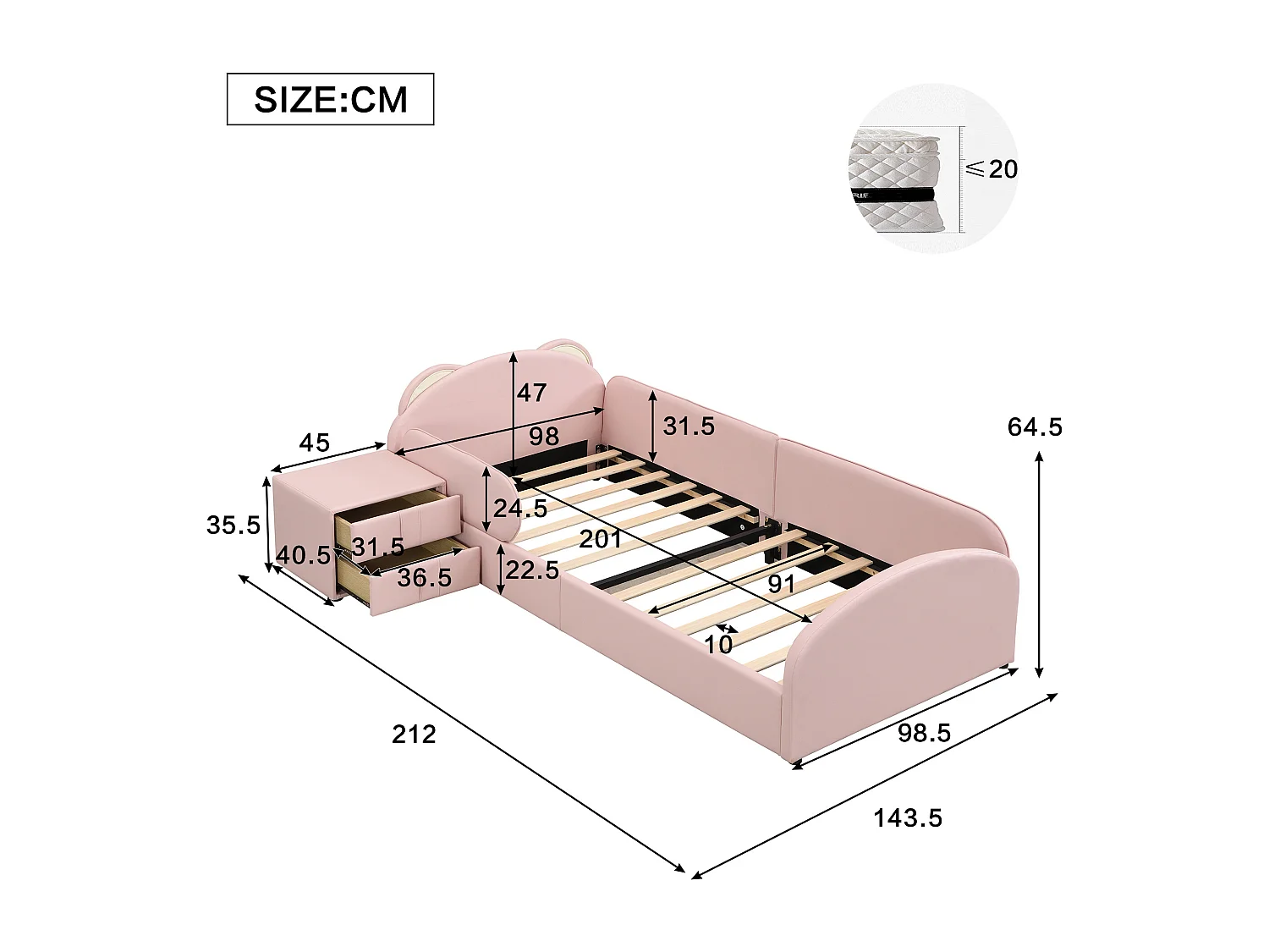 Lit pour enfant rembourré 90x200 cm - tête de lit en forme d'ours - avec table de chevet - Velours + contreplaqué - Rose (sans matelas)
