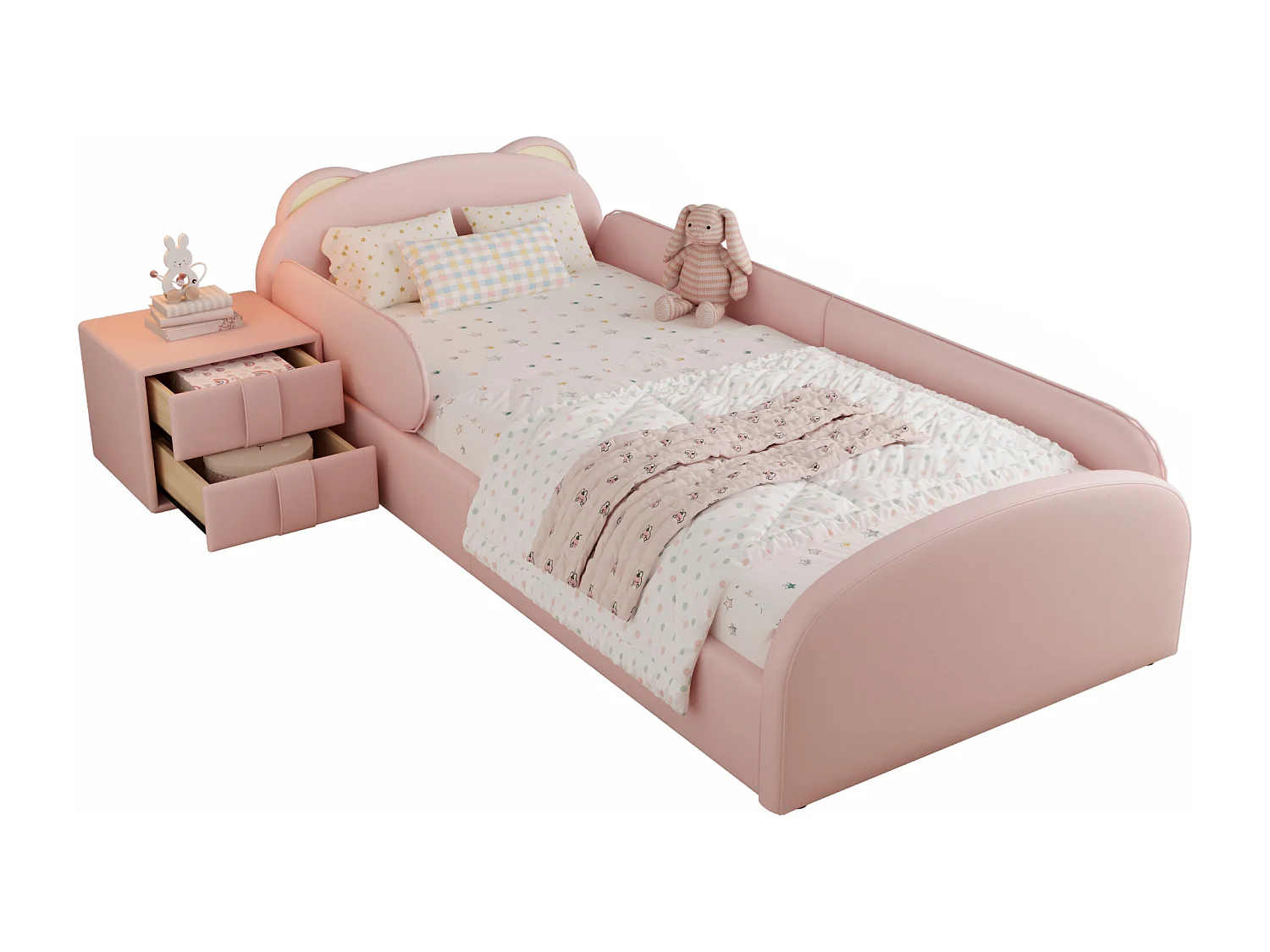 Lit pour enfant rembourré 90x200 cm - tête de lit en forme d'ours - avec table de chevet - Velours + contreplaqué - Rose (sans matelas)