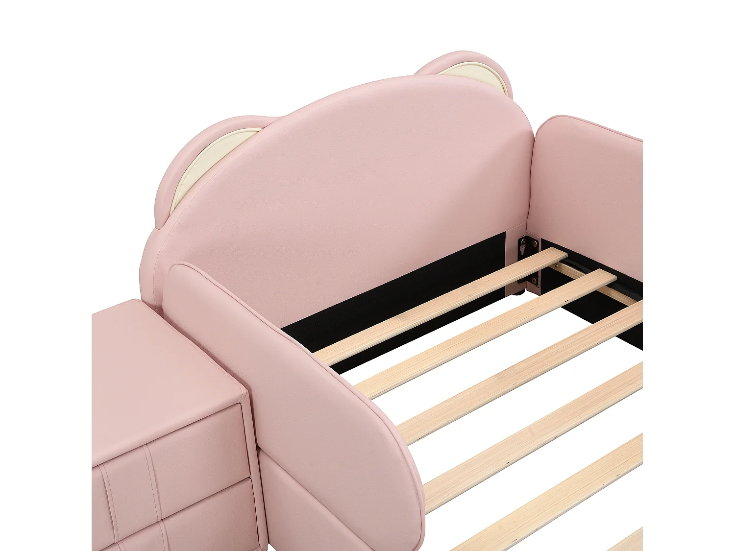 Lit pour enfant rembourré 90x200 cm - tête de lit en forme d'ours - avec table de chevet - Velours + contreplaqué - Rose (sans matelas)