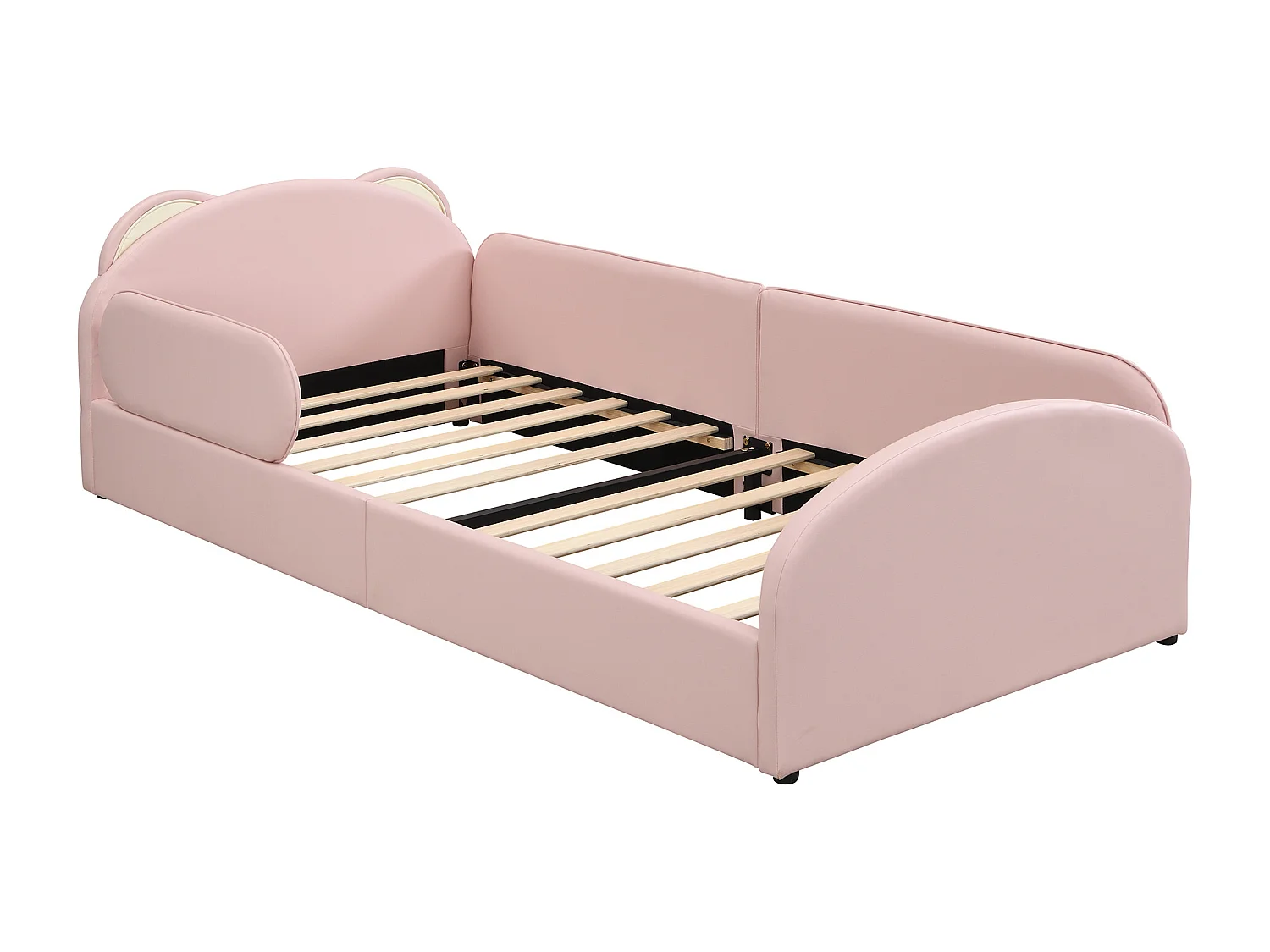 Lit pour enfant rembourré 90x200 cm - tête de lit en forme d'ours - avec table de chevet - Velours + contreplaqué - Rose (sans matelas)