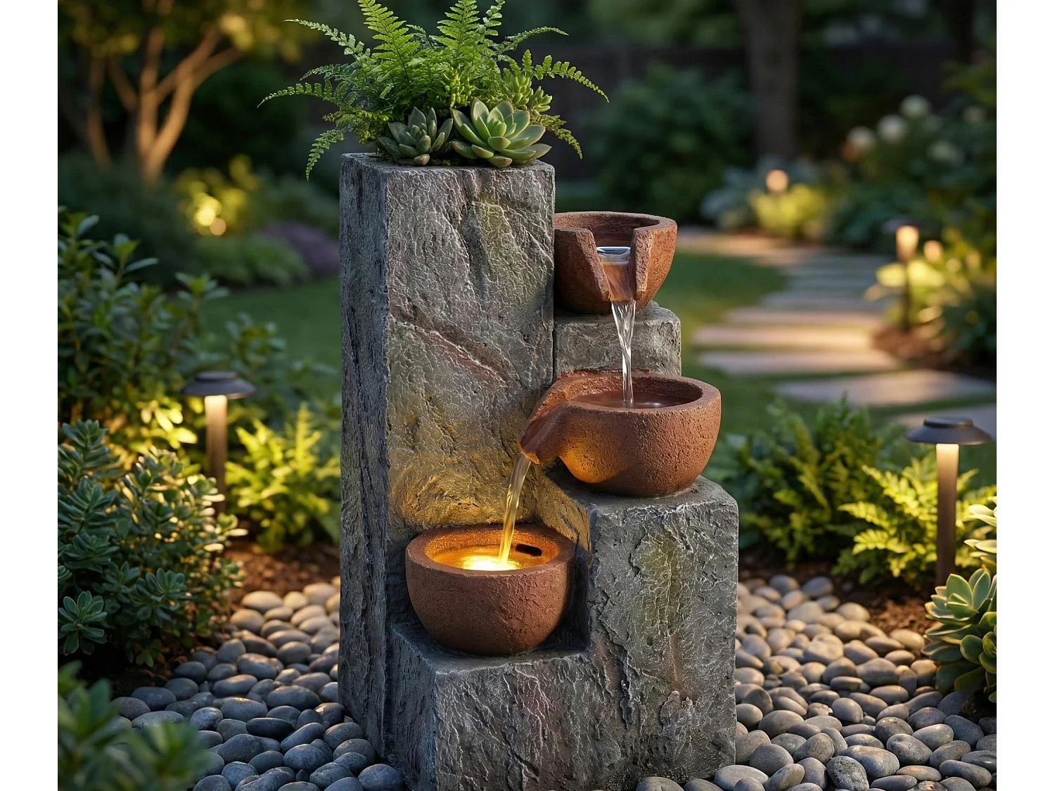 Fontaine de Jardin Cascade à 3 Niveaux avec Éclairage LED et Jardinière Intégrée - Décoration d'Extérieur Design Rocher en Résine - 27x26x31cm - Gris