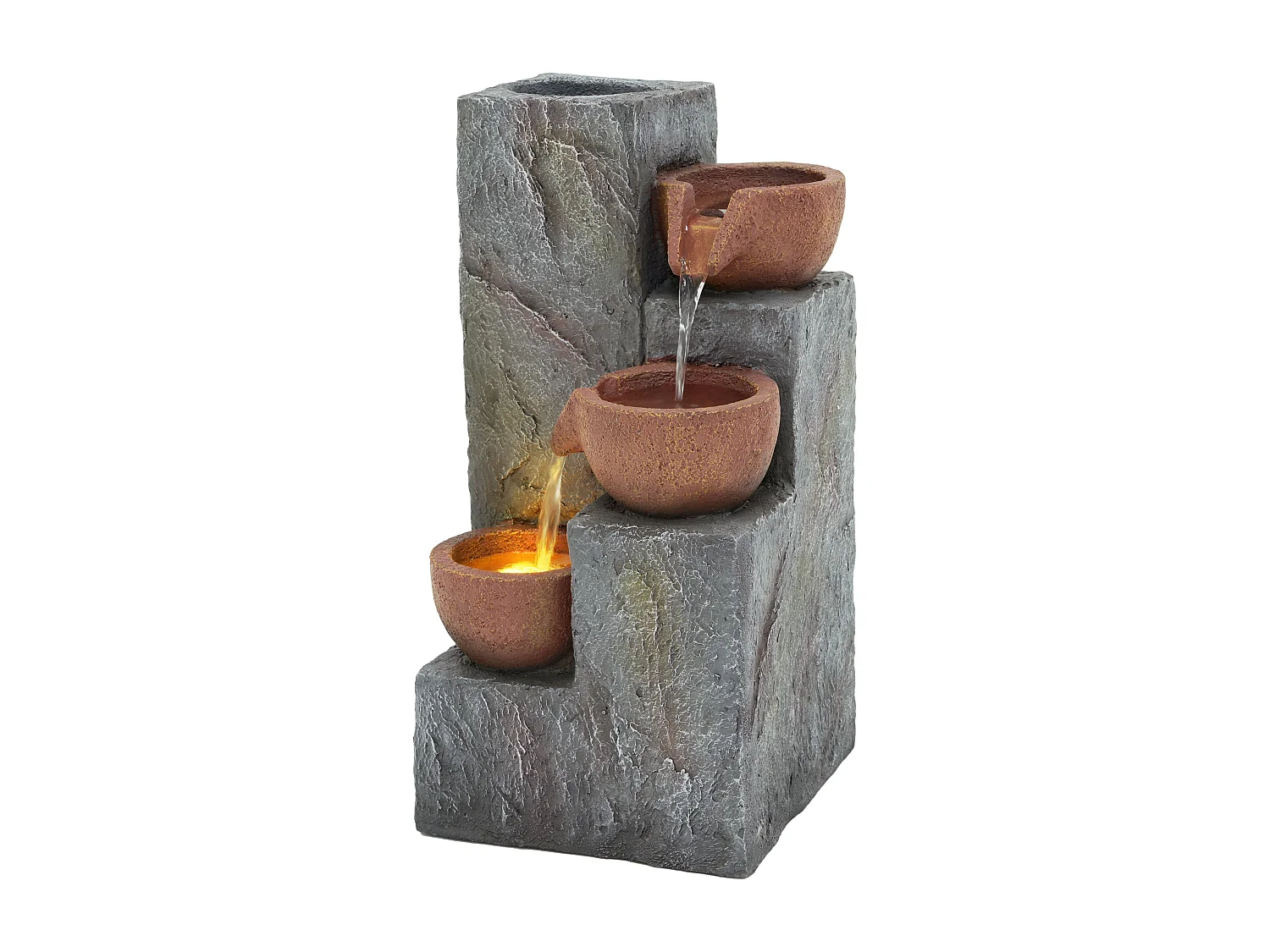 Fontaine de Jardin Cascade à 3 Niveaux avec Éclairage LED et Jardinière Intégrée - Décoration d'Extérieur Design Rocher en Résine - 27x26x31cm - Gris