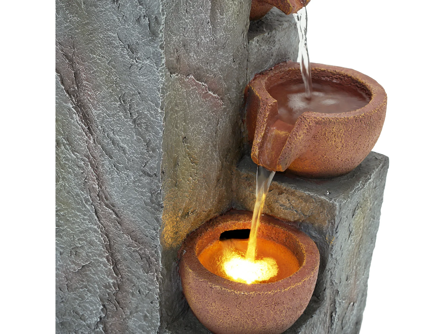 Fontaine de Jardin Cascade à 3 Niveaux avec Éclairage LED et Jardinière Intégrée - Décoration d'Extérieur Design Rocher en Résine - 27x26x31cm - Gris