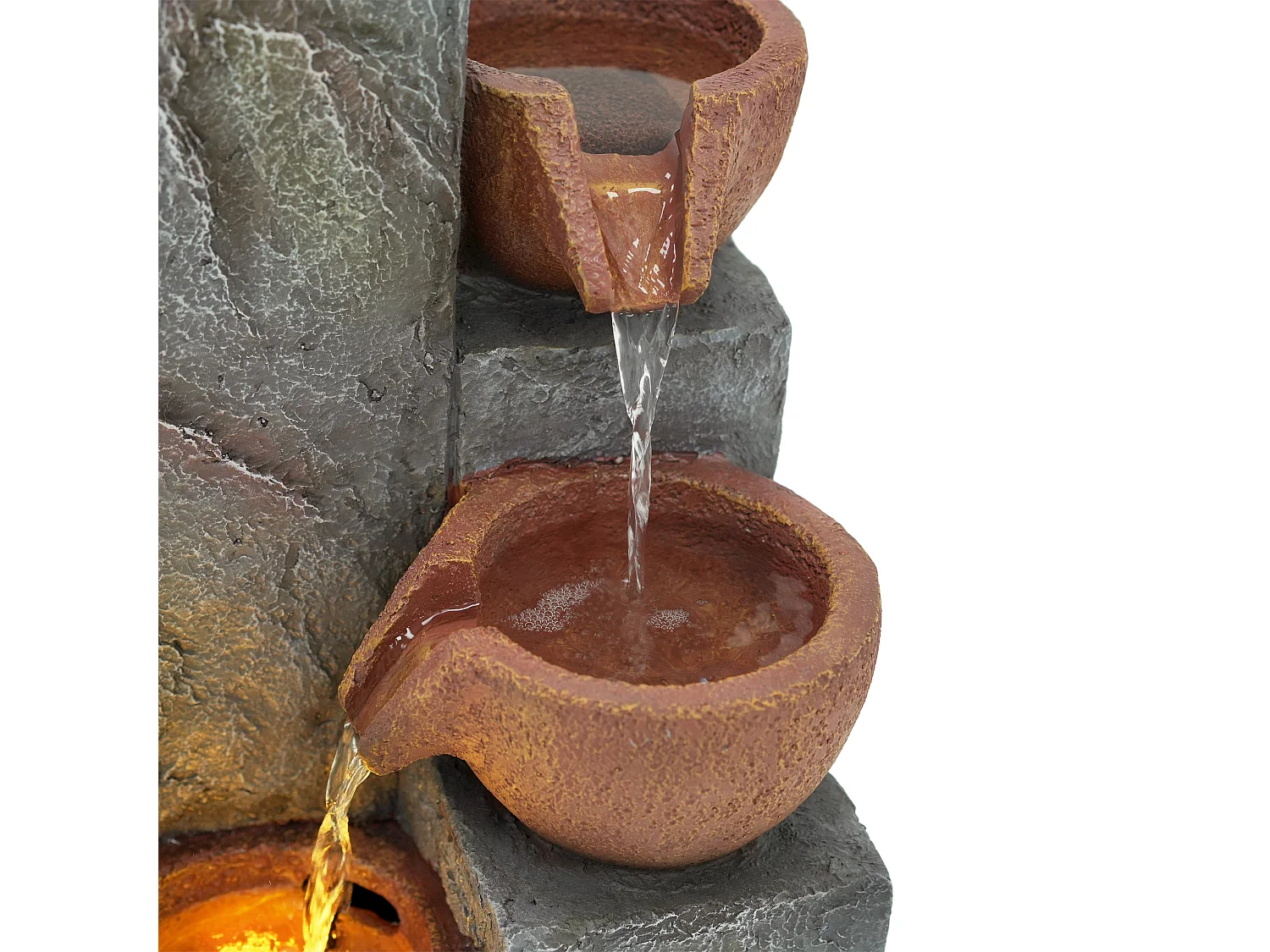 Fontaine de Jardin Cascade à 3 Niveaux avec Éclairage LED et Jardinière Intégrée - Décoration d'Extérieur Design Rocher en Résine - 27x26x31cm - Gris