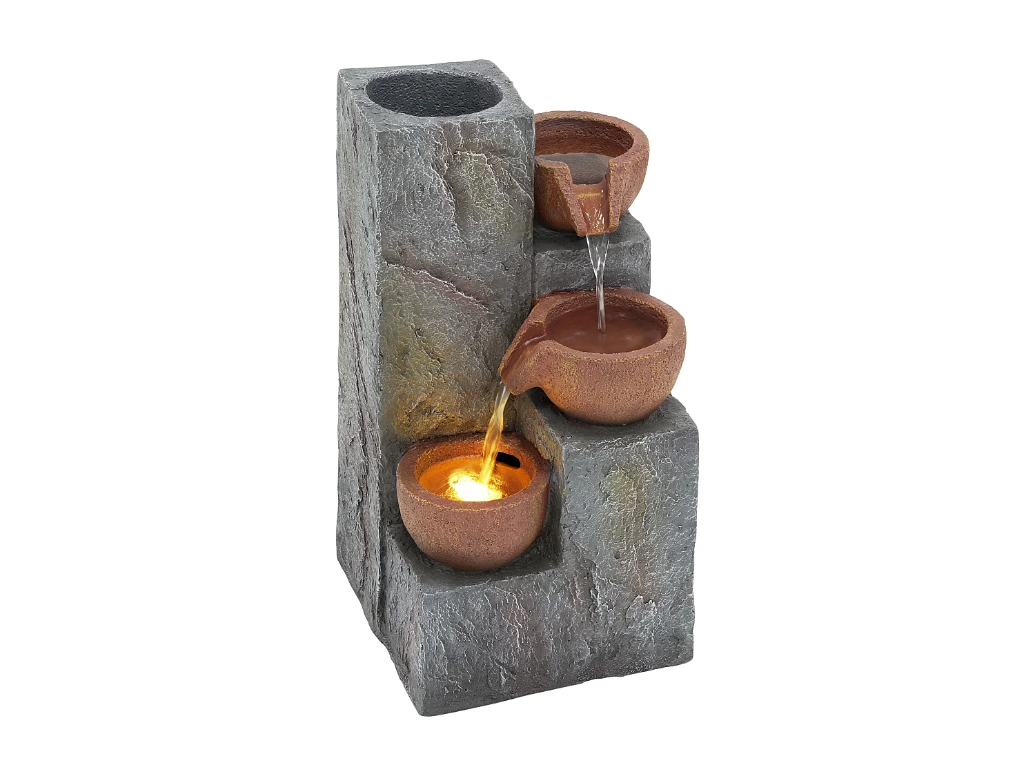 Fontaine de Jardin Cascade à 3 Niveaux avec Éclairage LED et Jardinière Intégrée - Décoration d'Extérieur Design Rocher en Résine - 27x26x31cm - Gris