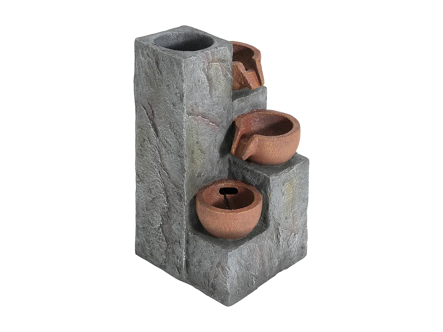 Fontaine de Jardin Cascade à 3 Niveaux avec Éclairage LED et Jardinière Intégrée - Décoration d'Extérieur Design Rocher en Résine - 27x26x31cm - Gris